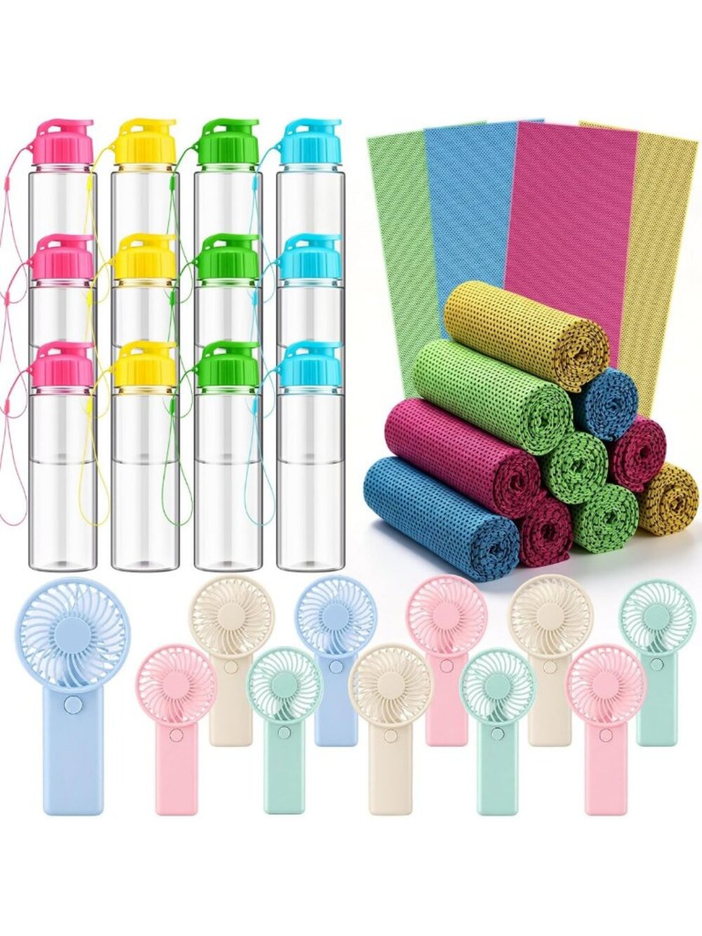 36-Piece Summer Sports Set: Water Bottles, Cooling Towels & Handheld Fans